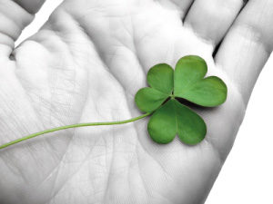 Image of someone holding a lucky shamrock in their hand
