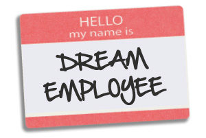 Delegate sticker, with "Hello, my name is: Dream Employee" on it